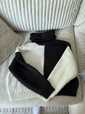 Black and Cream Colorblock Turtleneck Sweater - Women